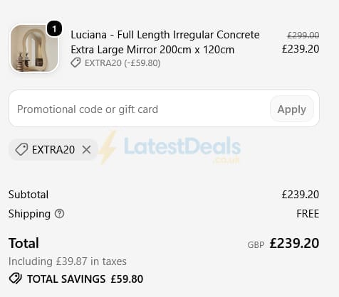 Screenshot of the William Wood Mirrors discount code working