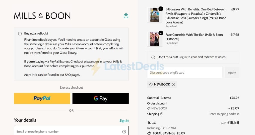 Screenshot of the Mills & Boon discount code working