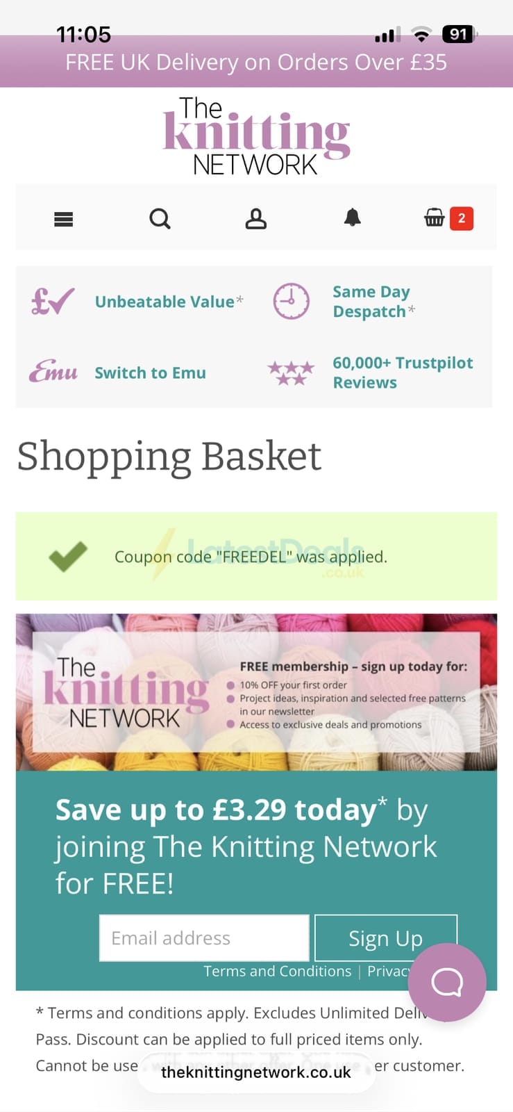 Screenshot of the The Knitting Network discount code working