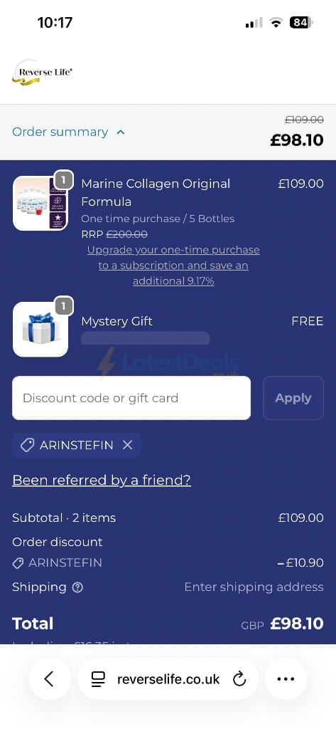 Screenshot of the Reverse Life discount code working