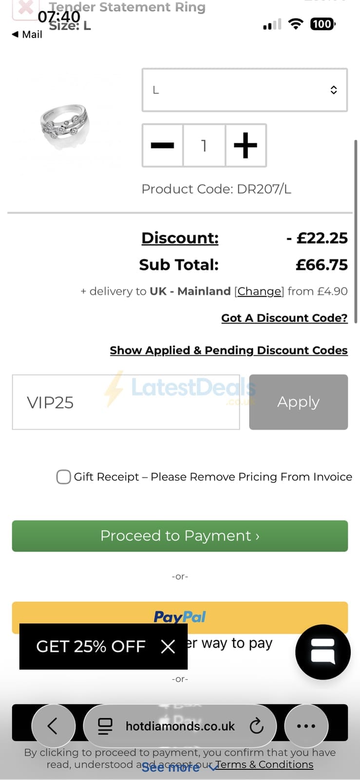 Screenshot of the Hot Diamonds discount code working