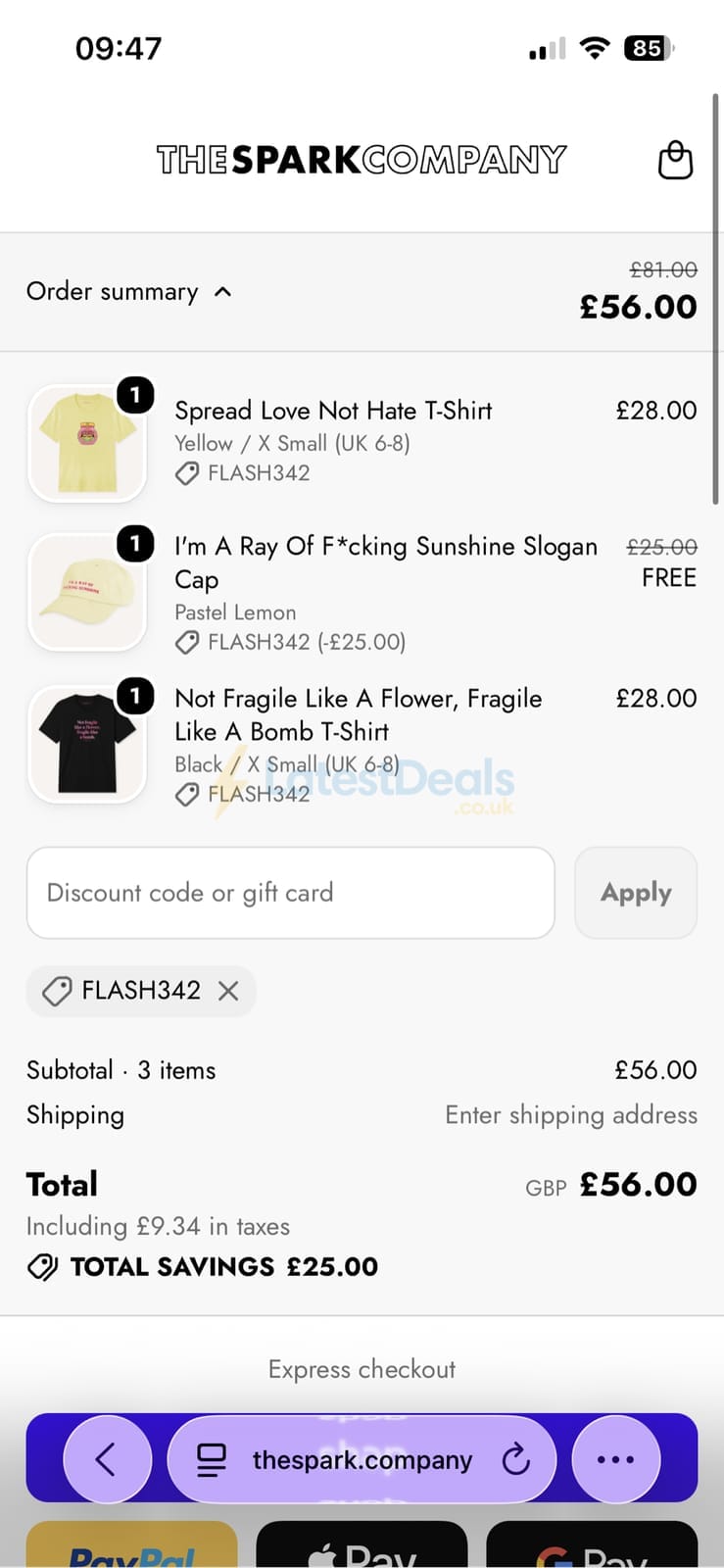 Screenshot of the The Spark Company discount code working