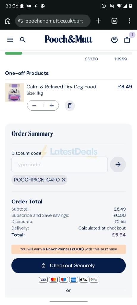 Screenshot of the Pooch & Mutt discount code working