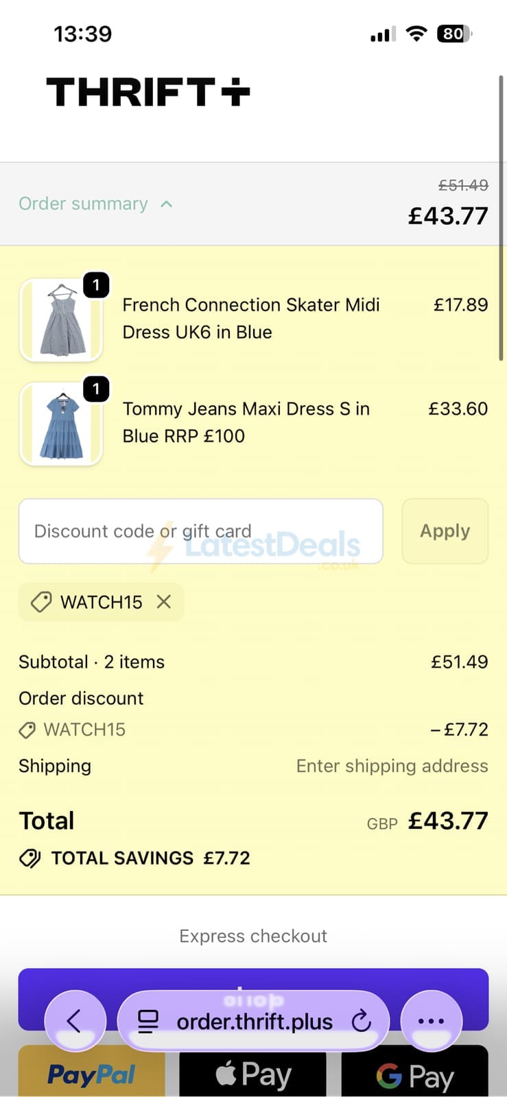 Screenshot of the Thrift+ discount code working