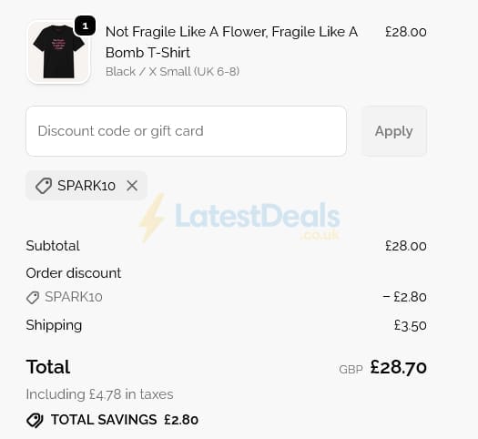 Screenshot of the The Spark Company discount code working