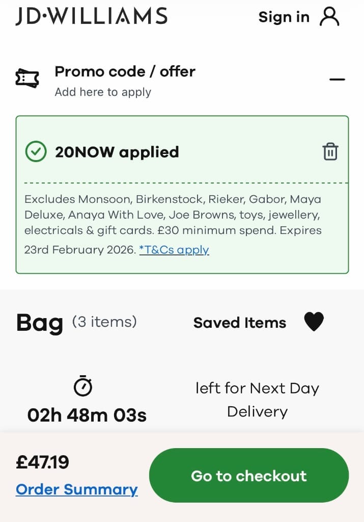 Screenshot of the JD Williams discount code working