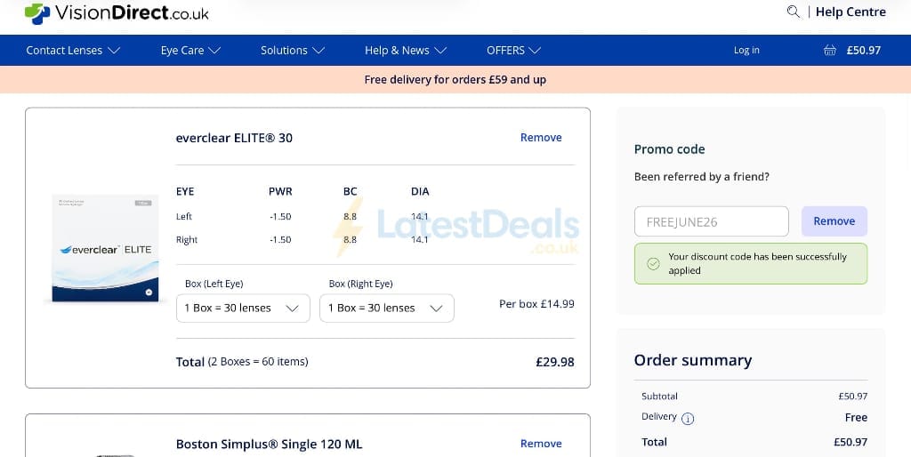 Screenshot of the Vision Direct discount code working