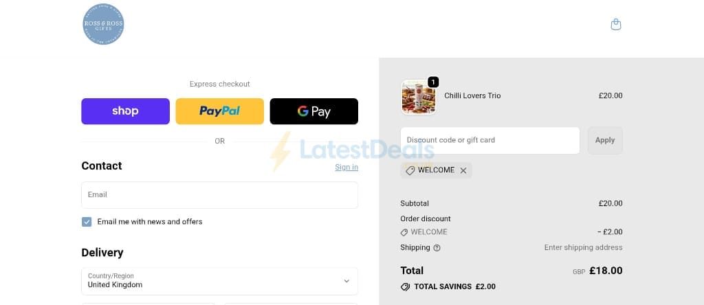 Screenshot of the Ross & Ross Gifts discount code working