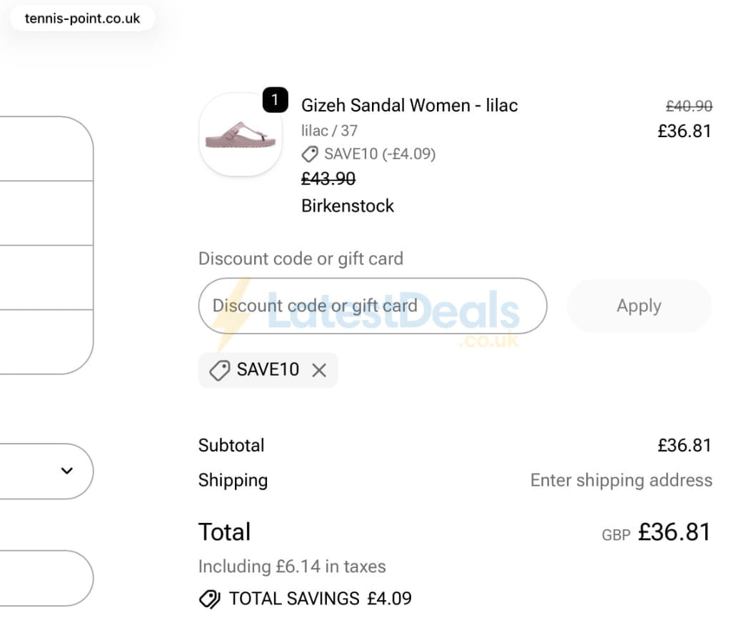 Screenshot of the Tennis Point discount code working