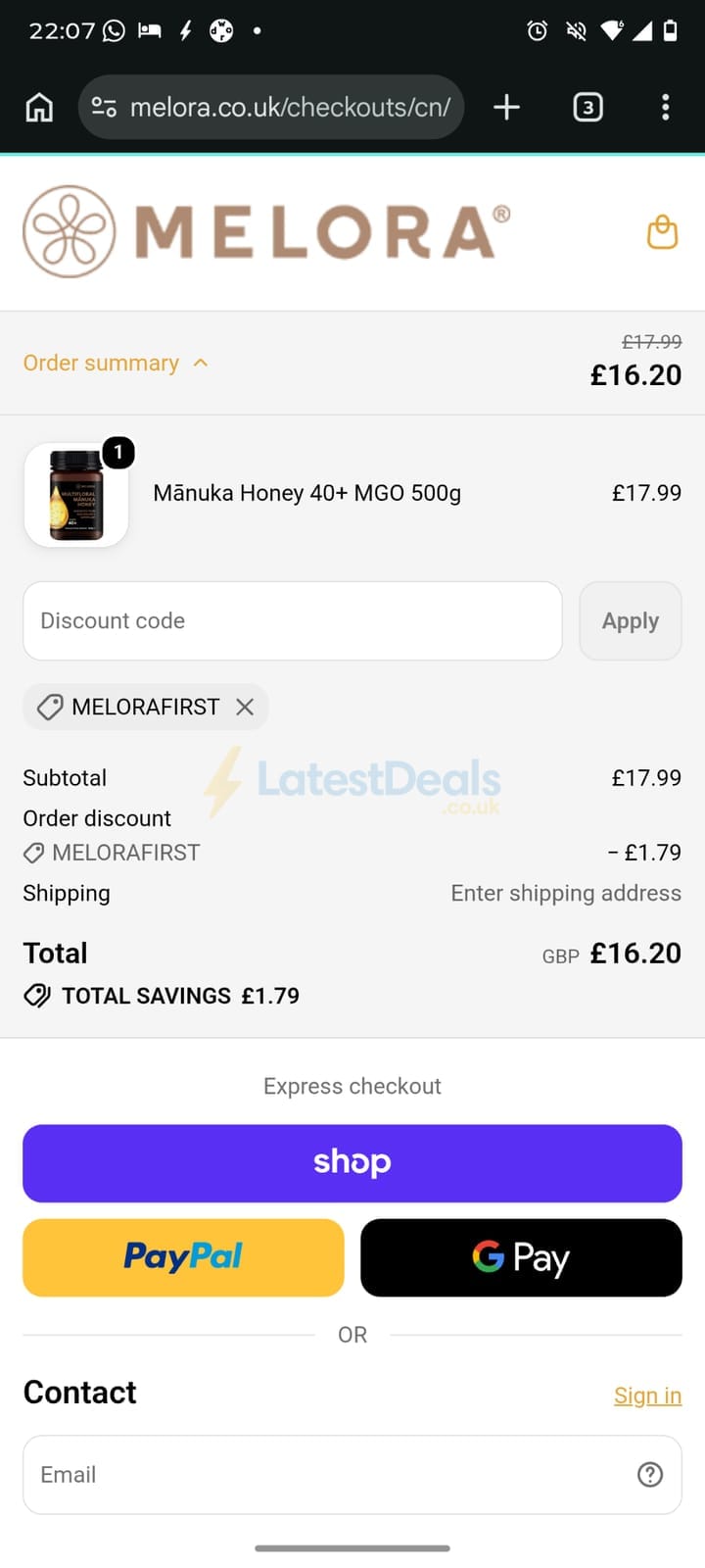 Screenshot of the Melora UK discount code working