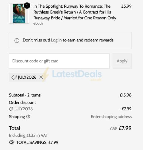 Screenshot of the Mills & Boon discount code working