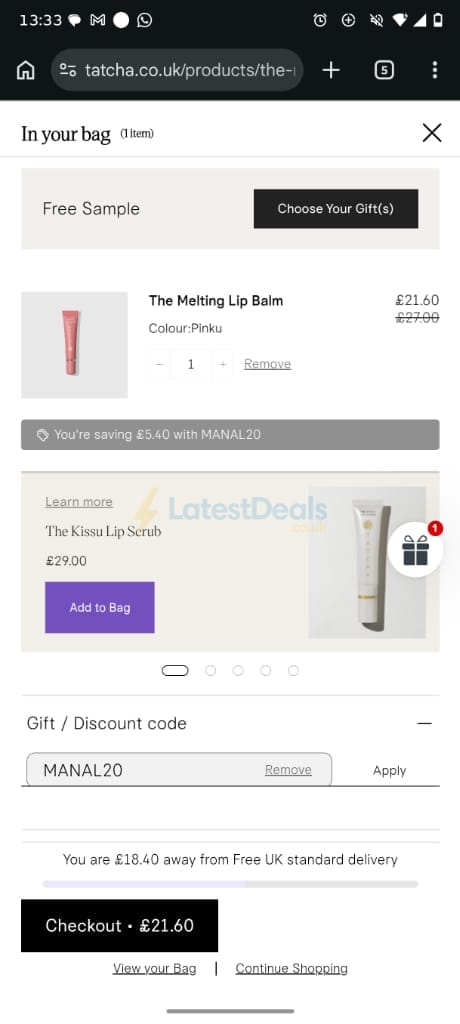 Screenshot of the Tatcha discount code working