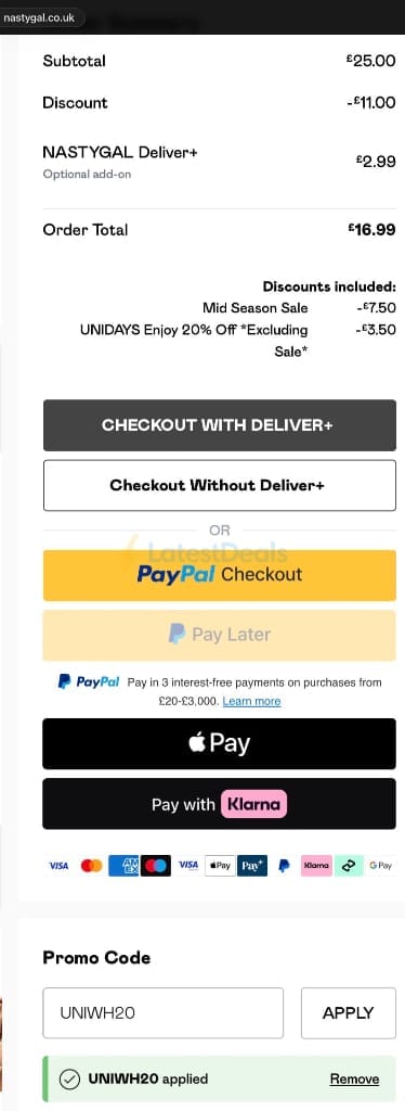 Screenshot of the Nasty Gal discount code working