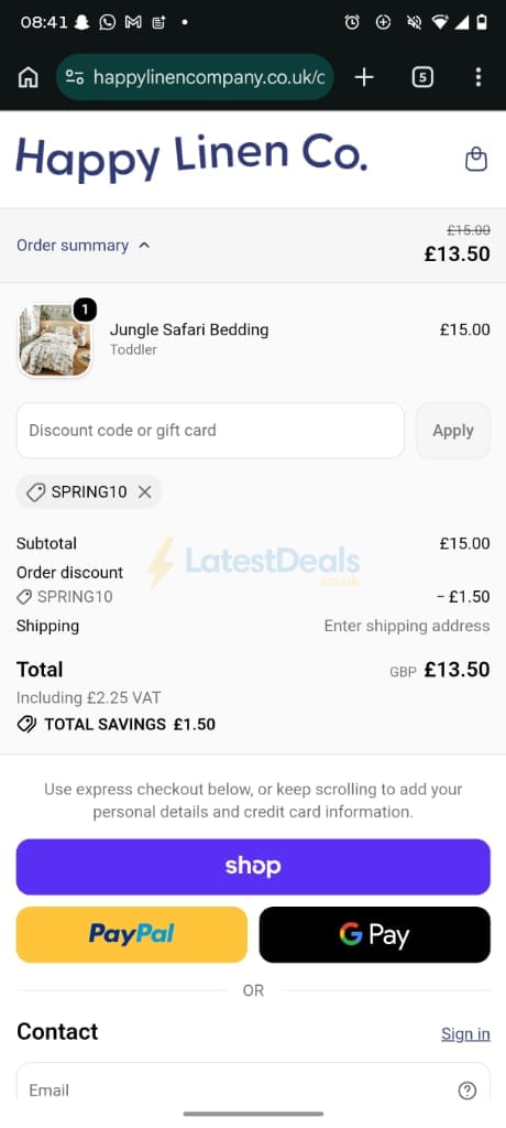 Screenshot of the Happy Linen Company discount code working