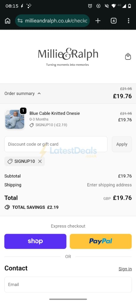 Screenshot of the Millie & Ralph discount code working