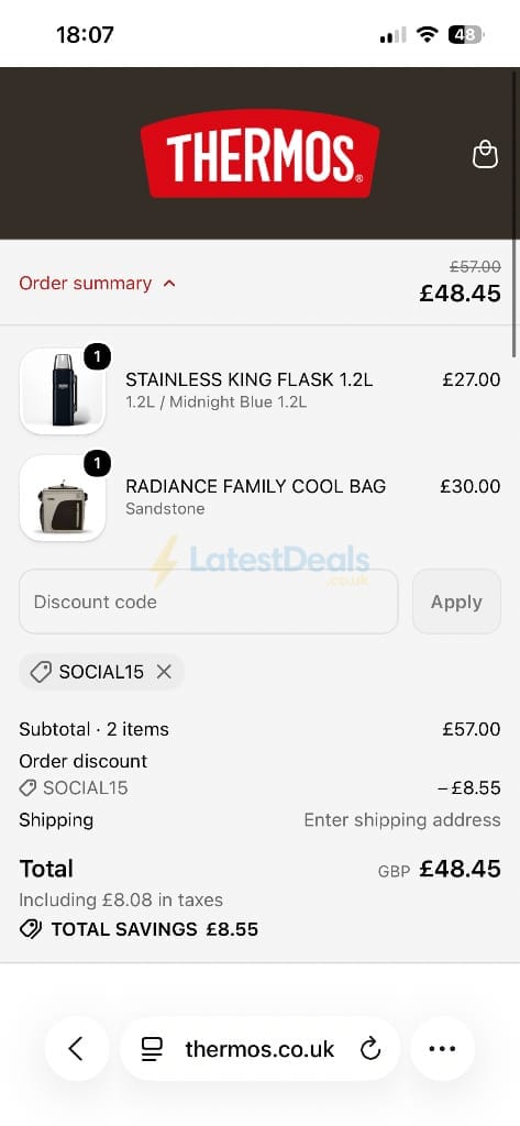 Screenshot of the Thermos discount code working
