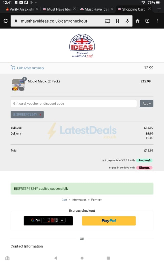 Screenshot of the Must Have Ideas discount code working