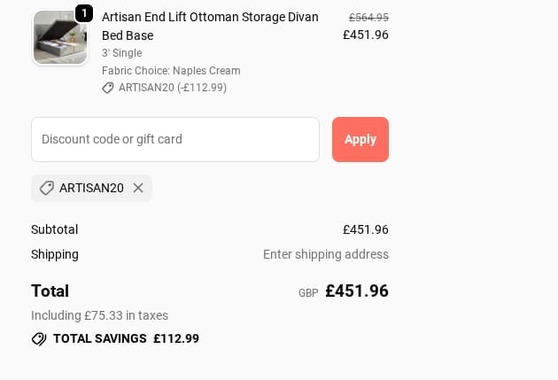 Screenshot of the Divan Base Direct discount code working