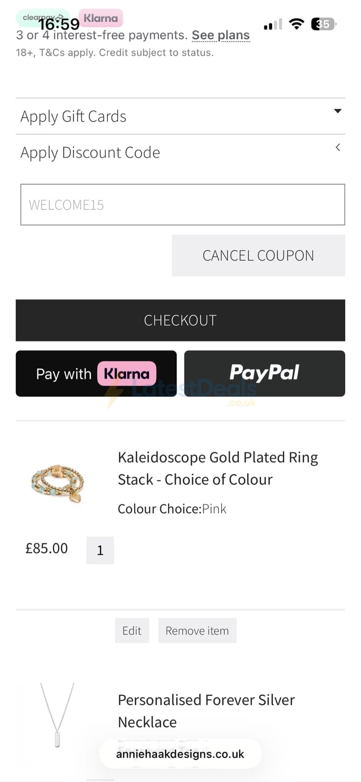 Screenshot of the Annie Haak Designs discount code working