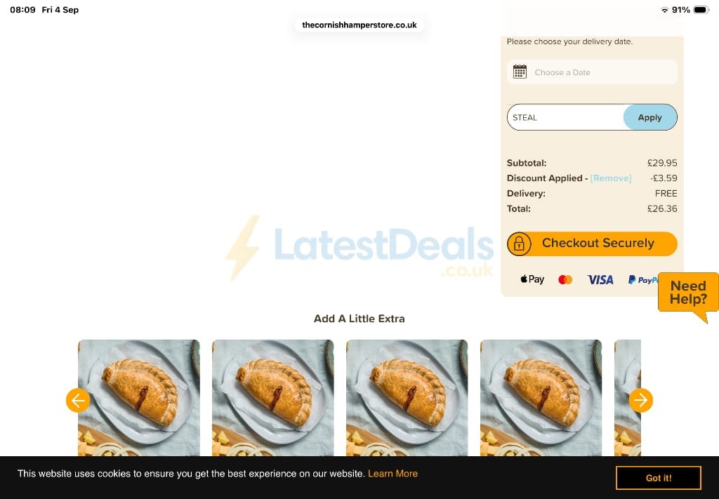 Screenshot of the The Cornish Hamper Store discount code working