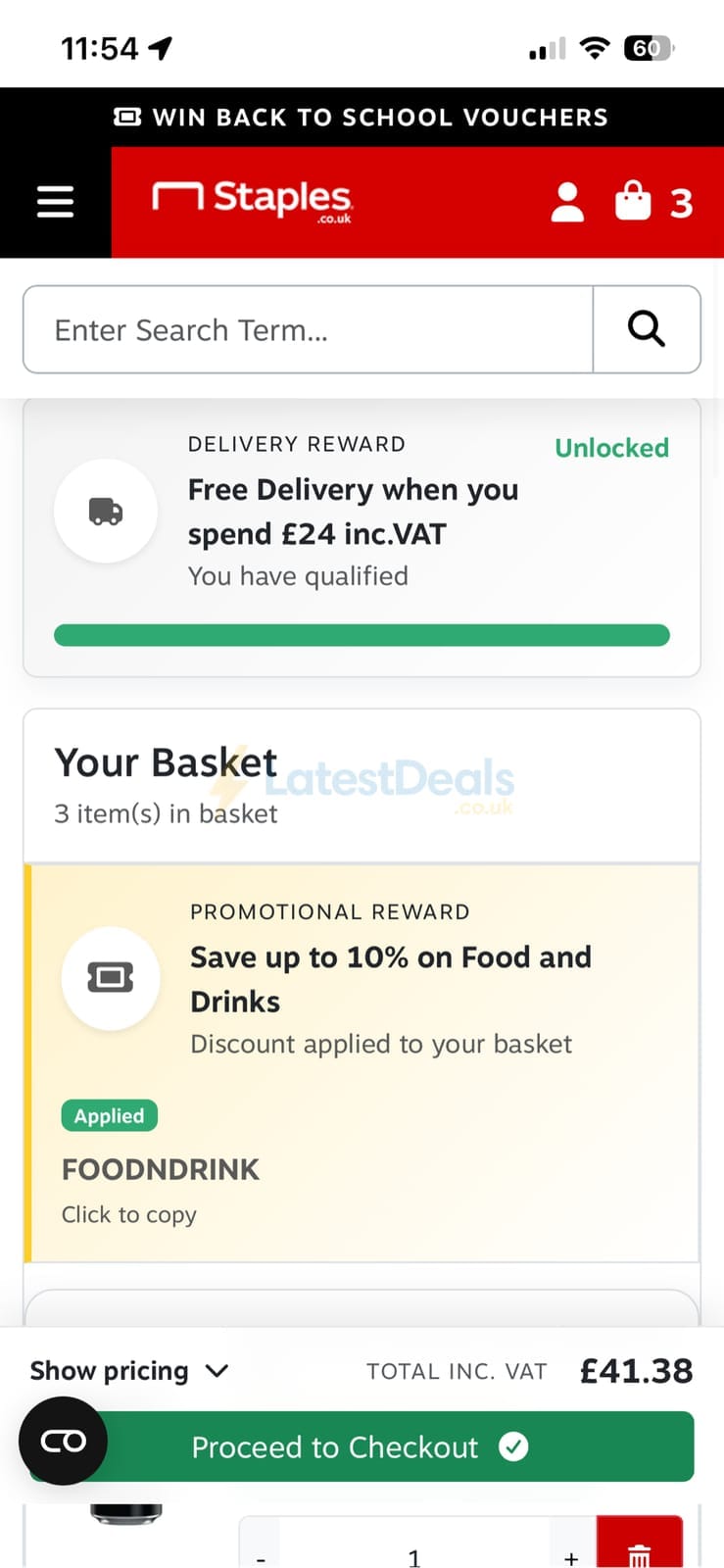 Screenshot of the Staples discount code working