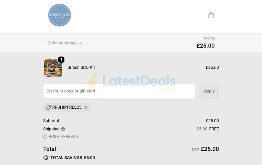 Screenshot of the Ross & Ross Gifts discount code working