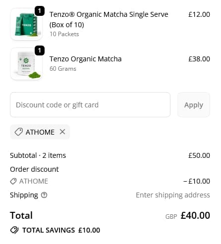 Screenshot of the Tenzo Tea discount code working