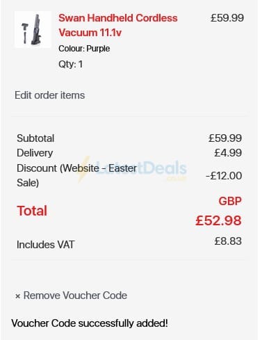 Screenshot of the Swan discount code working