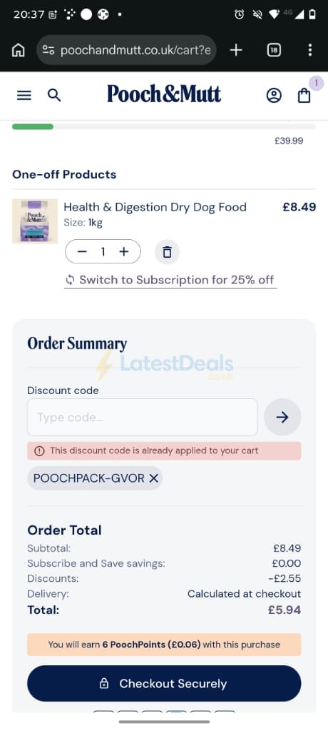Screenshot of the Pooch & Mutt discount code working