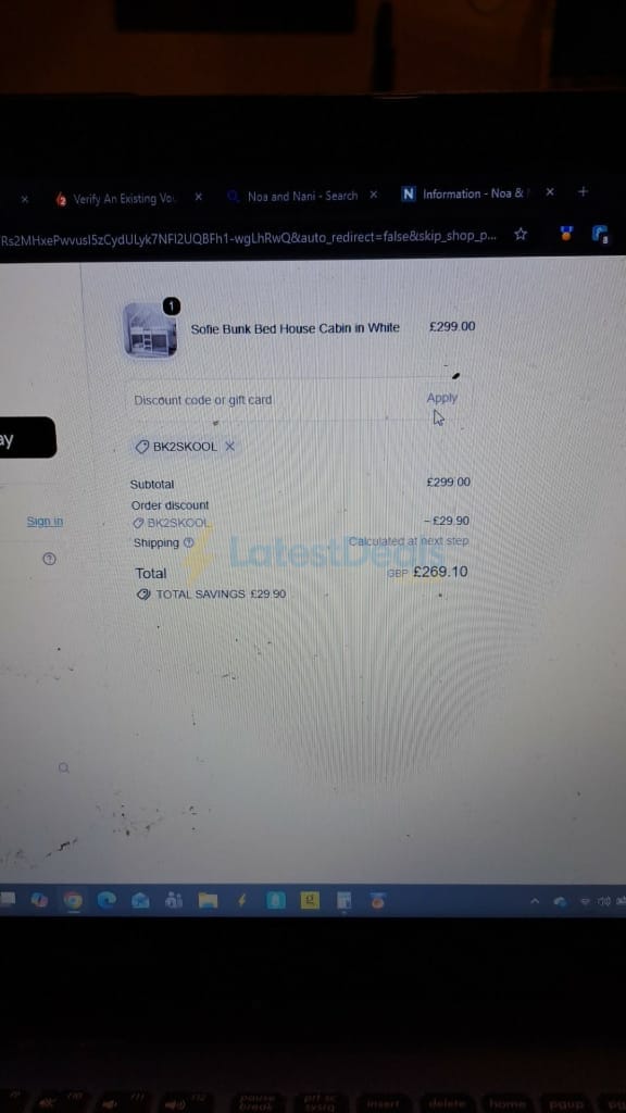 Screenshot of the Noa and Nani discount code working