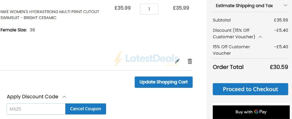 Screenshot of the ProSwimwear discount code working