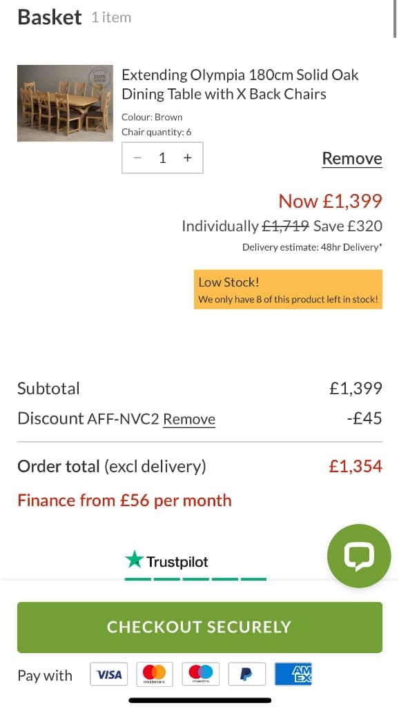 Screenshot of the Oak Furniture Superstore discount code working