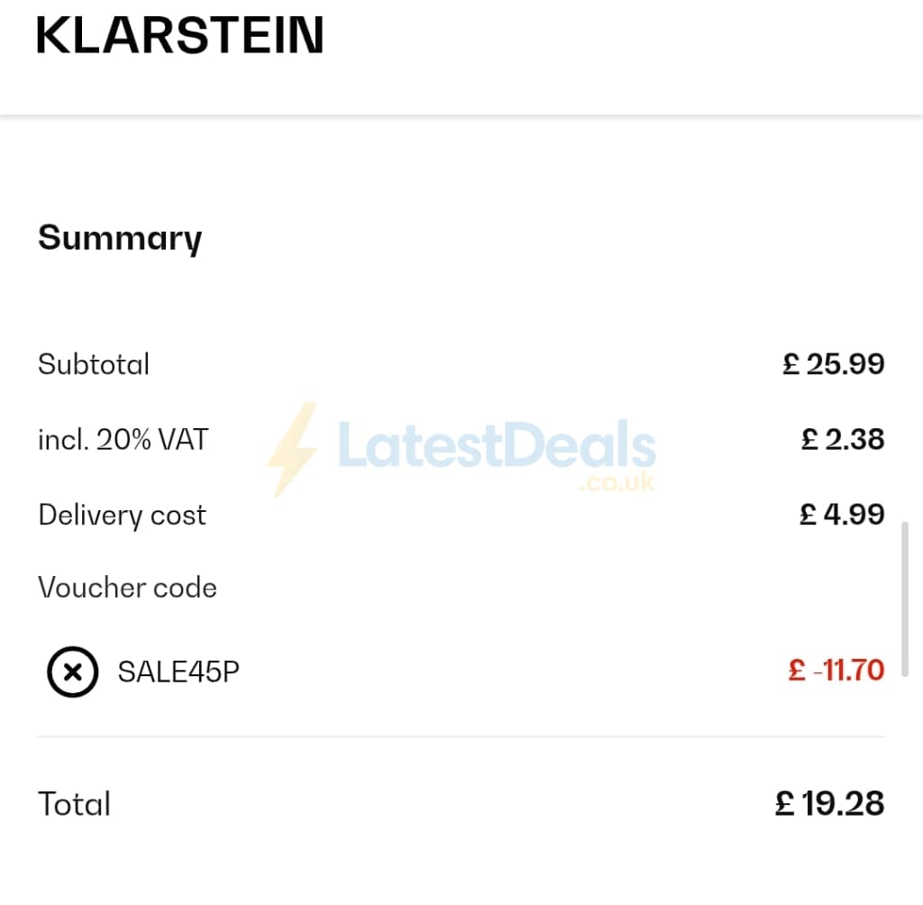 Screenshot of the Klarstein discount code working
