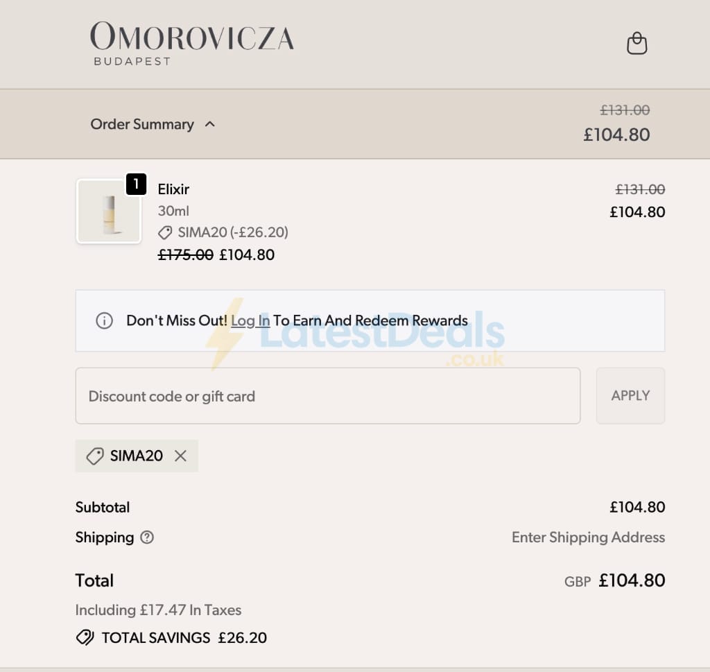 Screenshot of the Omorovicza discount code working