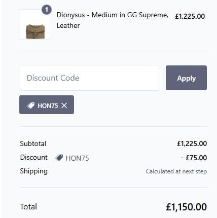 Screenshot of the Handbag Clinic discount code working