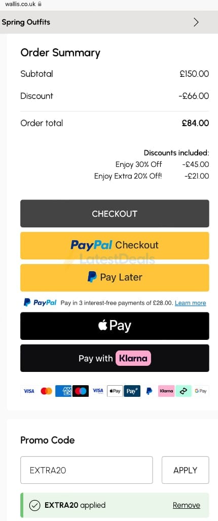 Screenshot of the Wallis discount code working
