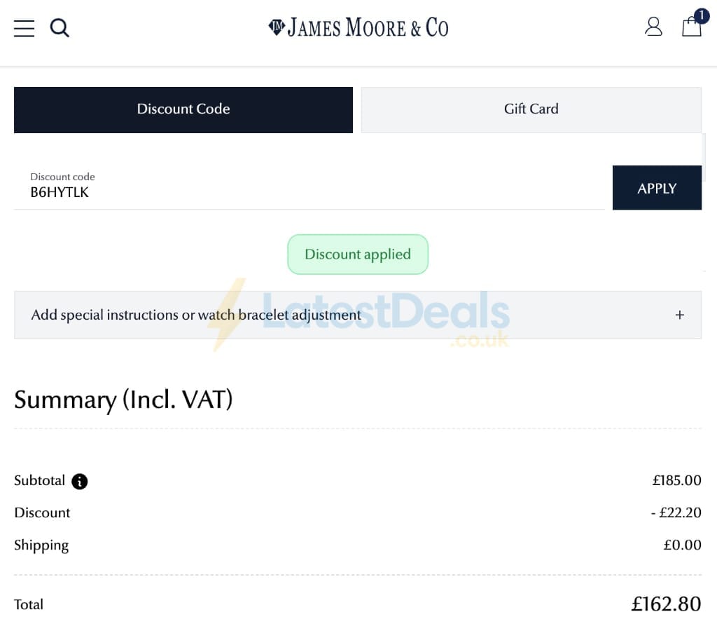 Screenshot of the James Moore Jewellers discount code working