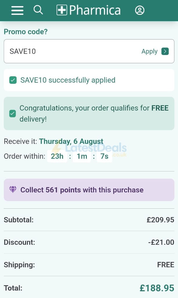 Screenshot of the Pharmica discount code working