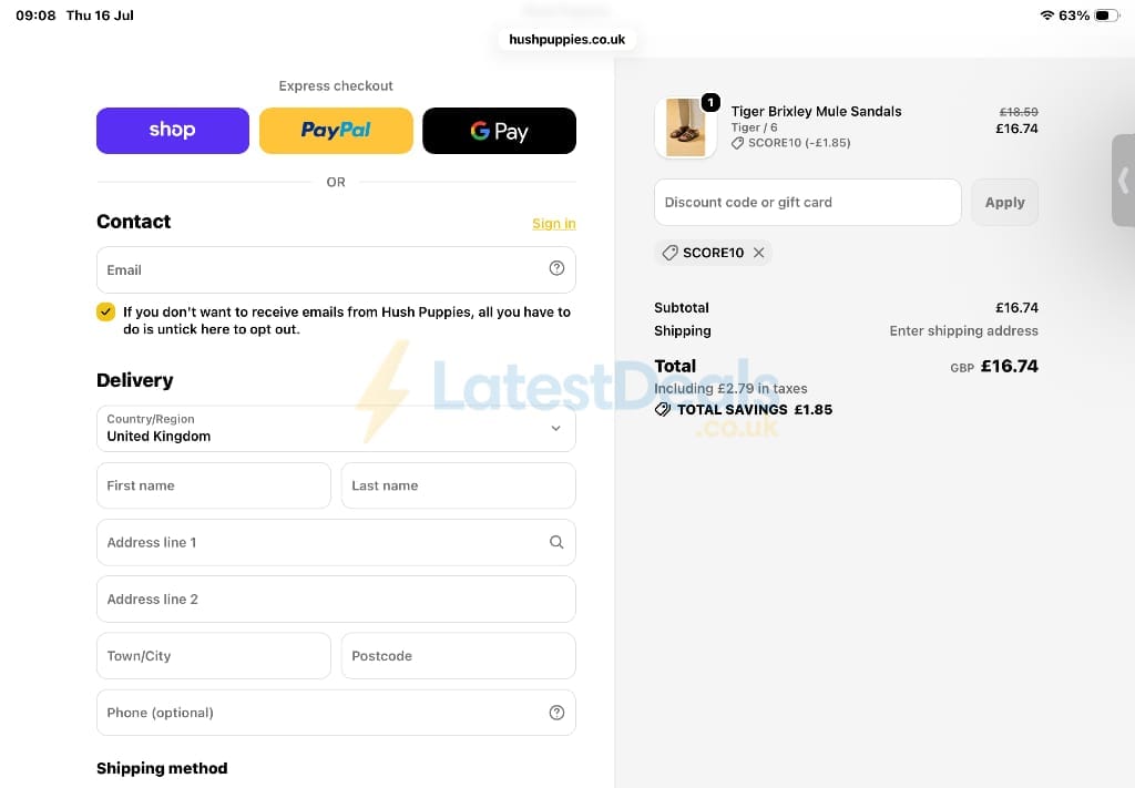 Screenshot of the Hush Puppies discount code working