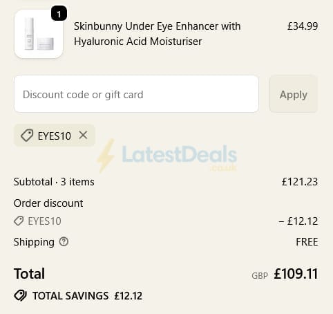 Screenshot of the Skinbunny discount code working