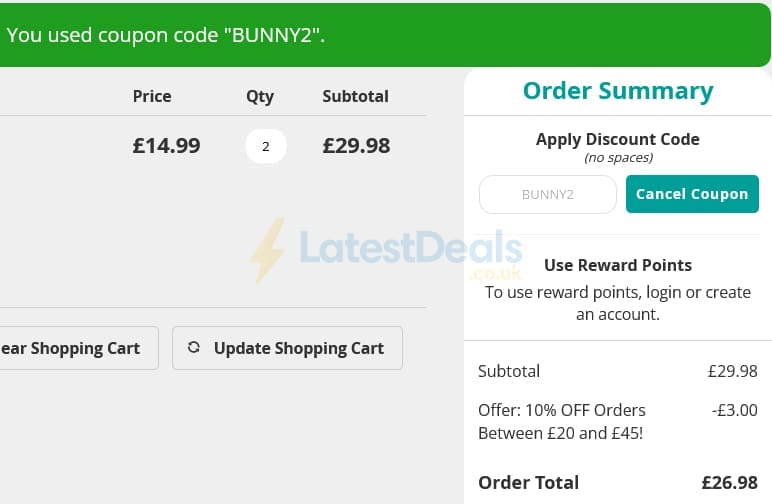 Screenshot of the Love Garden Birds discount code working