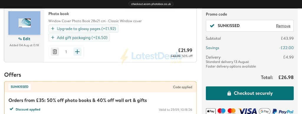 Screenshot of the Photobox discount code working