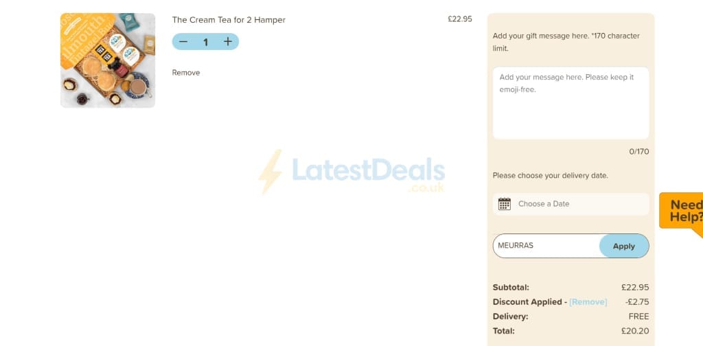 Screenshot of the The Cornish Hamper Store discount code working