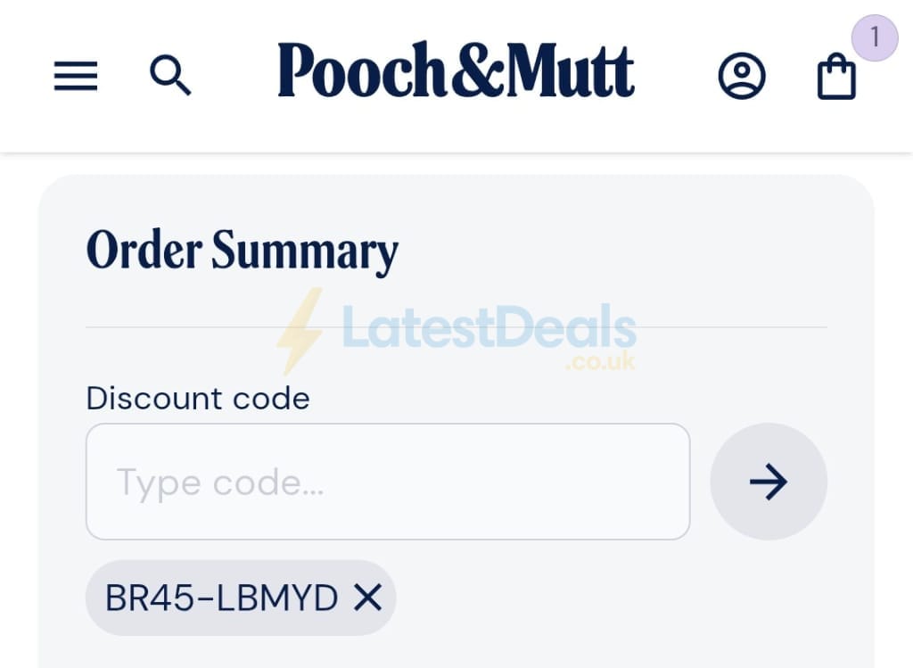 Screenshot of the Pooch & Mutt discount code working