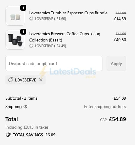 Screenshot of the Loveramics discount code working