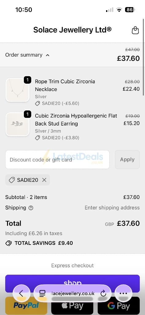 Screenshot of the Solace Jewellery discount code working