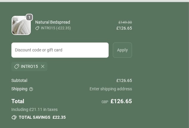 Screenshot of the Tielle discount code working