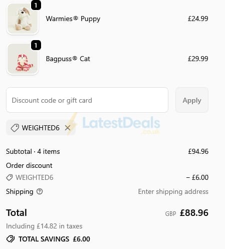 Screenshot of the Warmies discount code working