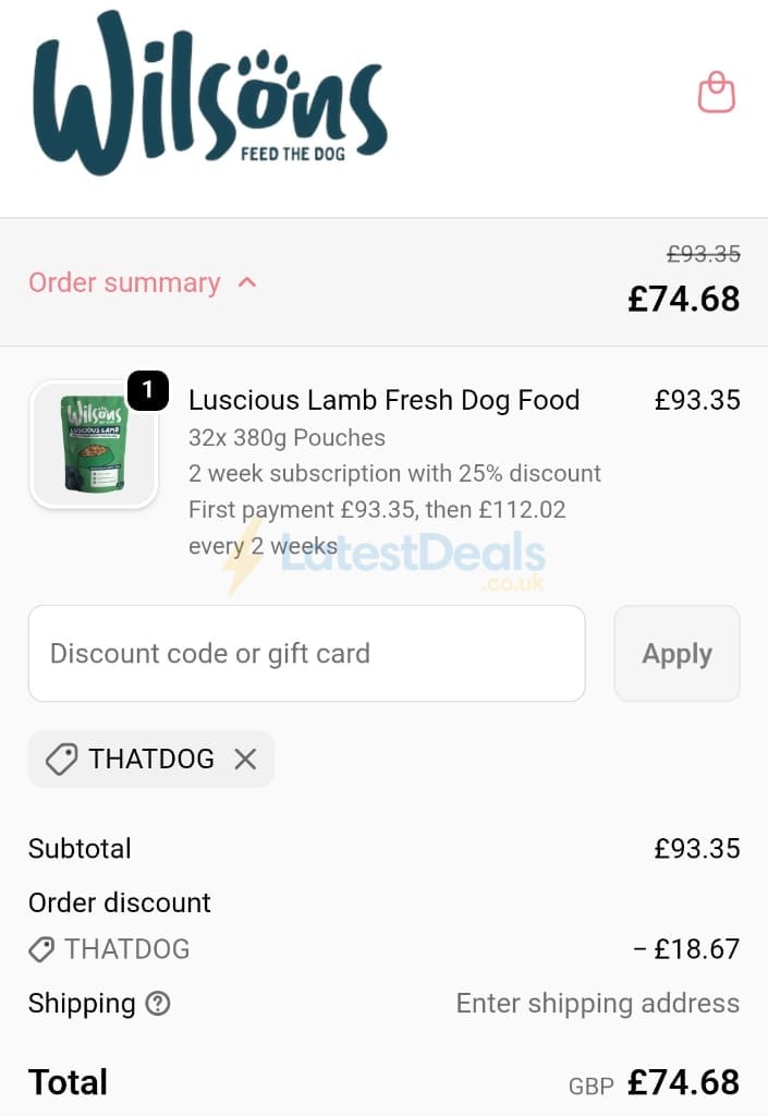 Screenshot of the Wilsons Pet Food discount code working
