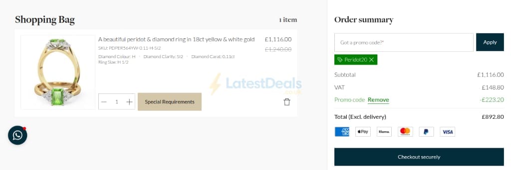 Screenshot of the Purely Diamonds discount code working